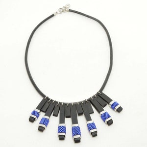 Blue glass Toho beads necklace of natural leather, black necklace, stainless steel, woman necklace, gift for girl, black bib necklace image 2