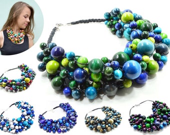 IN BLUE chunky Wooden necklace, Wooden beads necklace, linen necklace with beads, chunky beaded necklace, blue statement layered necklace