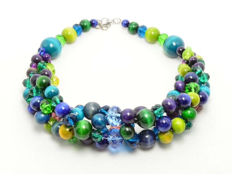 Elegant wooden necklace BLUE GREEN PURPLE Necklace made of wood stainless steel bib for her unique gift wooden necklace glass necklace