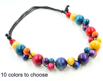 Shiny Wooden beads with adjustable length, colorful wooden necklace, chunky necklace with wooden beads, beaded necklace for woman