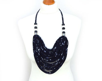 NAVY BLUE bib necklace of cotton tread, cotton multistrand necklace, knittwear layered necklace, summer bib necklace, cotton cord necklace
