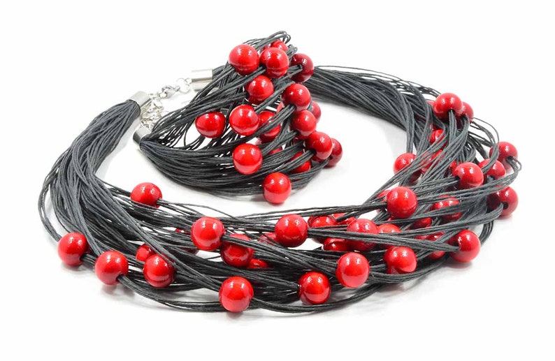 black bib necklace a set of jewelry from the thread linen bracelet linen necklace beads red impressive necklace multi-thread colier