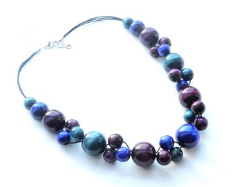 Collier en bois coloré BLUE PURPLE, collier de perles en bois, collier de perles classique, collier tendance, gros collier en bois marron