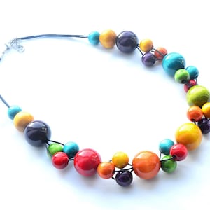 7 colors RAINBOW colorfull wooden necklace, wooden beads necklace with stainless steel clasp, classic beaded necklace, statement necklace