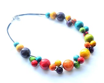 RAINBOW colorfull wooden necklace, RAINBOW wooden beads necklace, classic beaded necklace, statement necklace, chunky brown wooden necklace