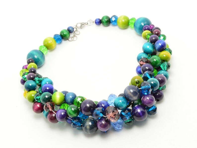 Elegant wooden necklace BLUE GREEN PURPLE Necklace made of wood stainless steel bib for her unique gift wooden necklace glass necklace