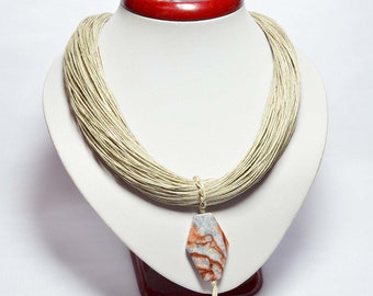 Ciondolo JASPER, collana di lino con ciondolo grigio, collana con bavaglino da donna con ciondolo marrone, collana di lino con pietre preziose, collana di lino con diaspro