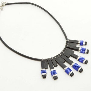 Blue glass Toho beads necklace of natural leather, black necklace, stainless steel, woman necklace, gift for girl, black bib necklace image 3