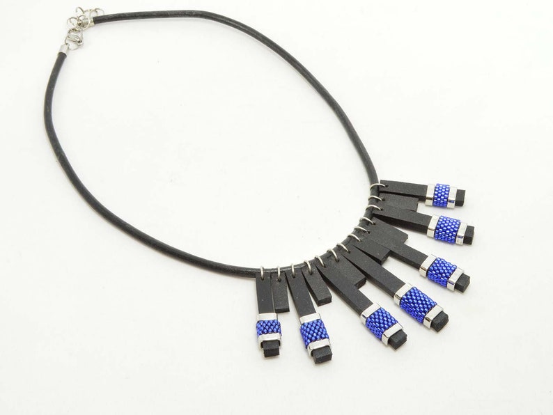 Blue glass Toho beads necklace of natural leather, black necklace, stainless steel, woman necklace, gift for girl, black bib necklace image 3