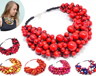 RED chunky wooden necklace,Wooden beads bib necklace, chunky beaded red necklace,wooden layered red womans necklace, red beaded necklace