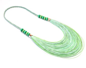 MINT bib necklace of linen tread, GREEN linen necklace, multistrand necklace, layered necklace, summer bib necklace, linen cord necklace