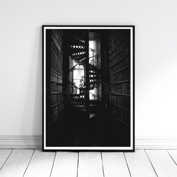 TRINITY LIBRARY SPIRAL, Black and White Photography Print, Trinity College Dublin, Library Spiral Staircase, Travel, Wanderlust, Home Decor