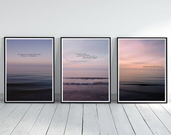 DREAMER SERIES, Colour Typography Print Set, Set of 3 Prints, Coastal Sunset Print Set, Wave Photography, Northern Ireland, Wall Art