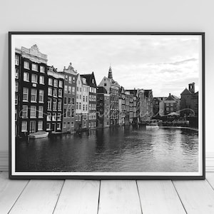 Kanał Amsterdam, czarno-biały wydruk fotograficzny