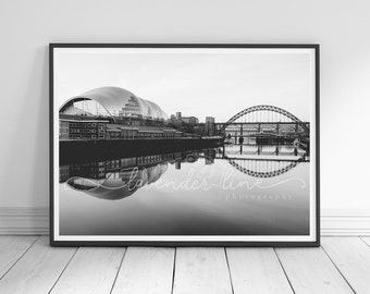 REFLECTION IN TYNE, Black & White Photography Print, Newcastle, Tyne Bridge, Sage Gateshead, Street Photography, City, Wanderlust, Wall Art