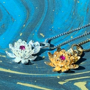 Sterling Silver Water Lily Pendant: Ruby July Birthstone Necklace