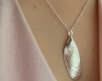 Large Life Size Mussel Shell Pendant, 17th wedding anniversary gift, solid silver shell necklaces