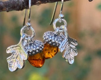 Acorn and Oak Leaf  Sterling Sterling Baltic Amber Drop Earrings