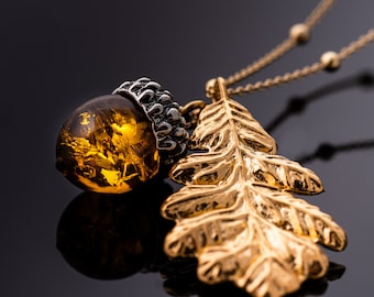 Acorn and Oak Leaf Pendant, Solid Silver Autumn Jewellery, Baltic Amber and  silver acorn