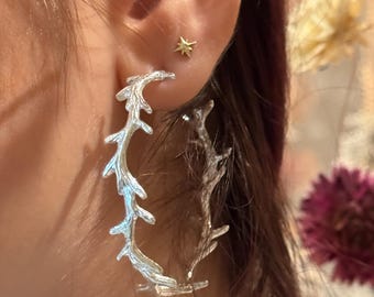 Sterling Silver Antler Hoop Earrings; Handmade woodland jewelry, natural texture, gold vermeil