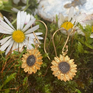 Sunflower Drop Earrings, Solid silver Sunflower Earrings, Gold sunflowers