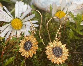 Orecchini pendenti di girasole, orecchini di girasole in argento massiccio, girasoli d'oro