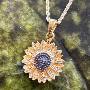 Sunflower Pendant , flower pendant,solid silver flower pendant, nature inspired jewellery, gold sunflower, 3rd anniversary flower