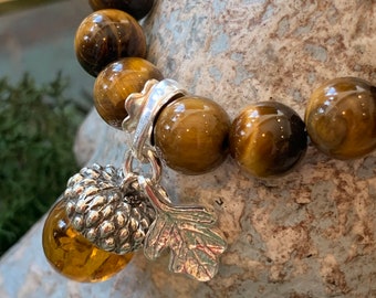 Tiger’s Eye Bracelet With Amber and Solid Silver acorn