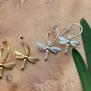 Dragonfly Drop Earrings, solid silver dragonfly earrings