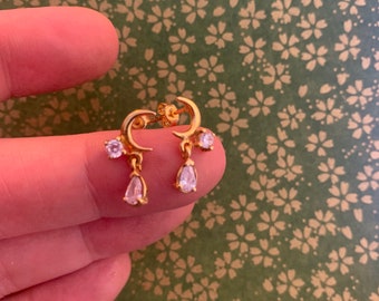 14k Solid Gold Crescent Moon Earrings: Moon & Star Studs