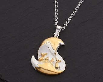 Sterling Silver Mother Fox and Cubs Pendant, Gold vermeil on solid silver, Handmade Necklace