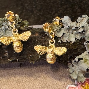 Boucles d&#39;oreilles abeille en argent sterling : bijoux abeille en pierre de citrine