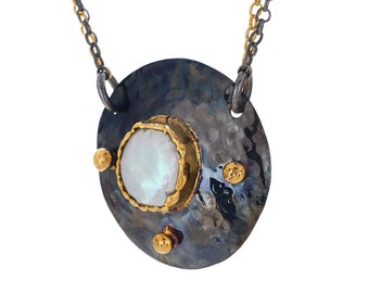 Hammered Sterling Silver Freshwater Pearl Pendant - June Birthstone