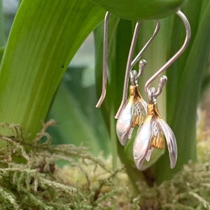 May include: Silver and gold earrings shaped like snowdrop flowers. The earrings have a delicate design and are perfect for adding a touch of spring to any outfit.