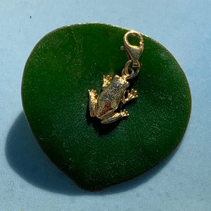 May include: A gold-colored frog charm with a textured surface. The charm is attached to a gold-colored metal loop.
