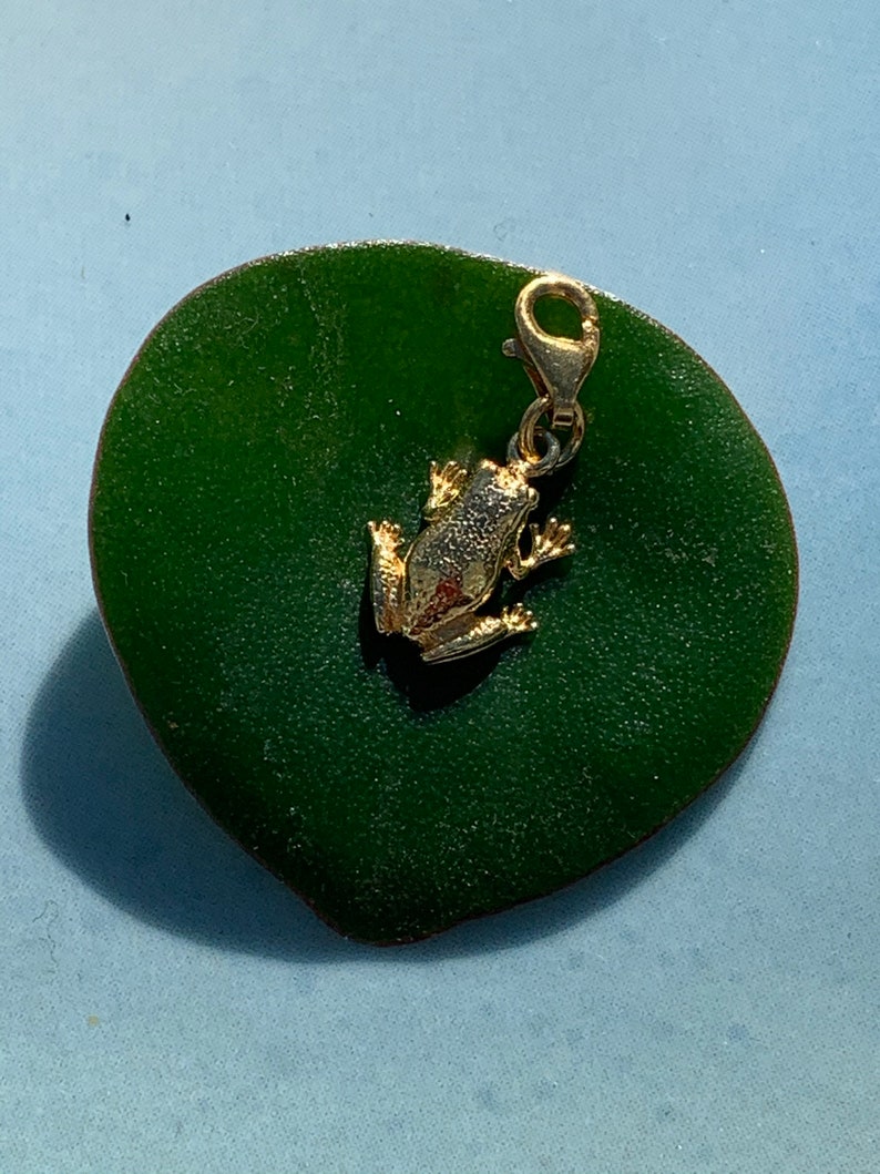 May include: A gold-colored frog charm with a textured surface. The charm is attached to a gold-colored metal loop.