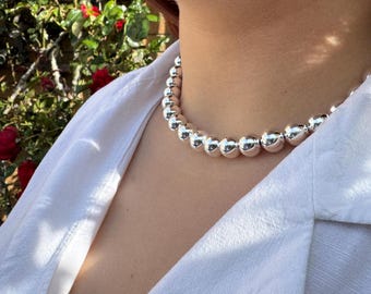 Sterling Silver Bead Necklace; Handmade Round bead Jewelry, Bold Classic Ball Jewellery, Minimalist statement