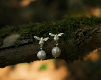 Sterling Silver Bee Drop Earrings; Baroque Pearl Drop, Bumblebee Jewellery, Nature Inspired Jewelry