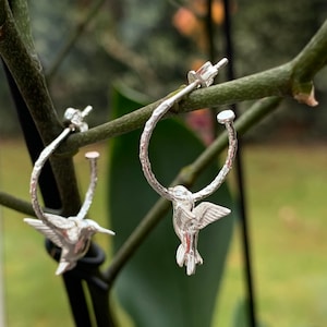 Sterling Silver Hummingbird Hoop Earrings: Elegant 3D Design