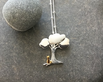 Cat Under The tree Pendant, solid silver tree and cat necklace, perfect gift for cat lovers, cat jewellery