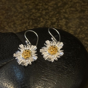 Sterling Silver Daisy Drop Earrings: Gold Plated April Birth Flower
