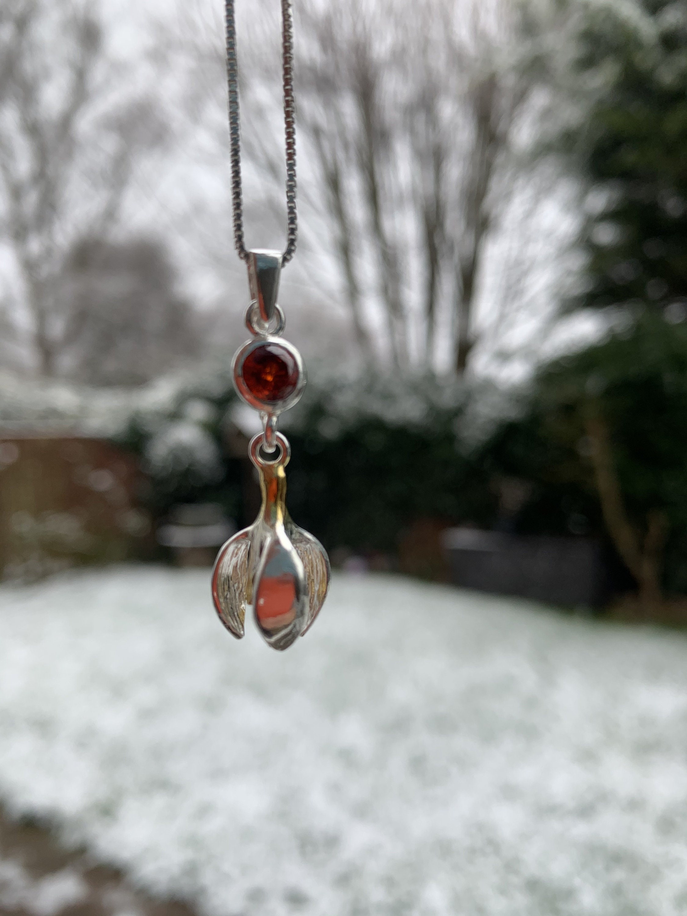 Sterling Silver Snowdrop Pendant With Garnet Stone, January