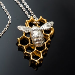 Sterling Silver Bee Necklace: Gold Honeycomb Pendant