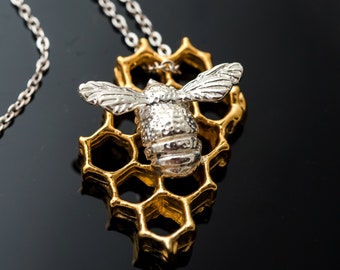Solid Silver Bee Necklace, HoneyBee,  solid silver and gold honeycomb necklace , Gift For Her, Honeycomb Necklace