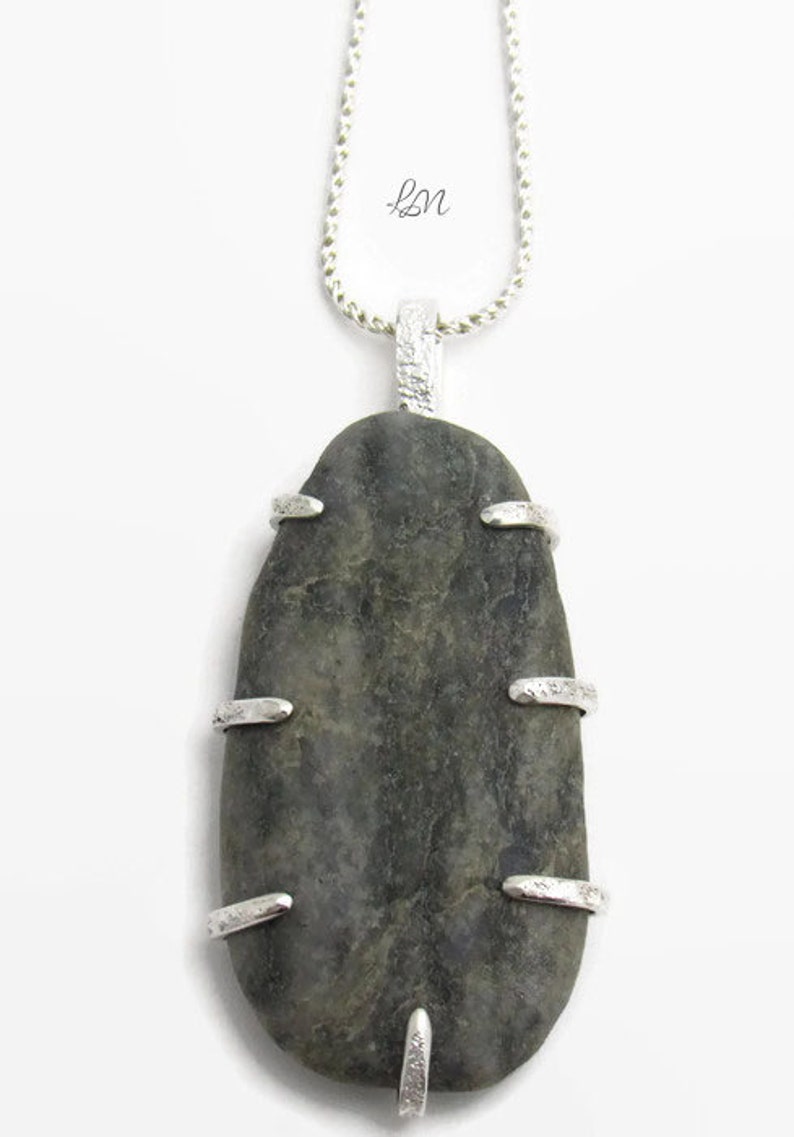 Tayrona Gray Rock Necklace, Beach Stone Pendant, Sterling Silver Pendant and Chain, Boho Necklace, Handmade Necklace, Contemporary Jewelry image 3
