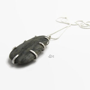 Tayrona Gray Rock Necklace, Beach Stone Pendant, Sterling Silver Pendant and Chain, Boho Necklace, Handmade Necklace, Contemporary Jewelry image 1