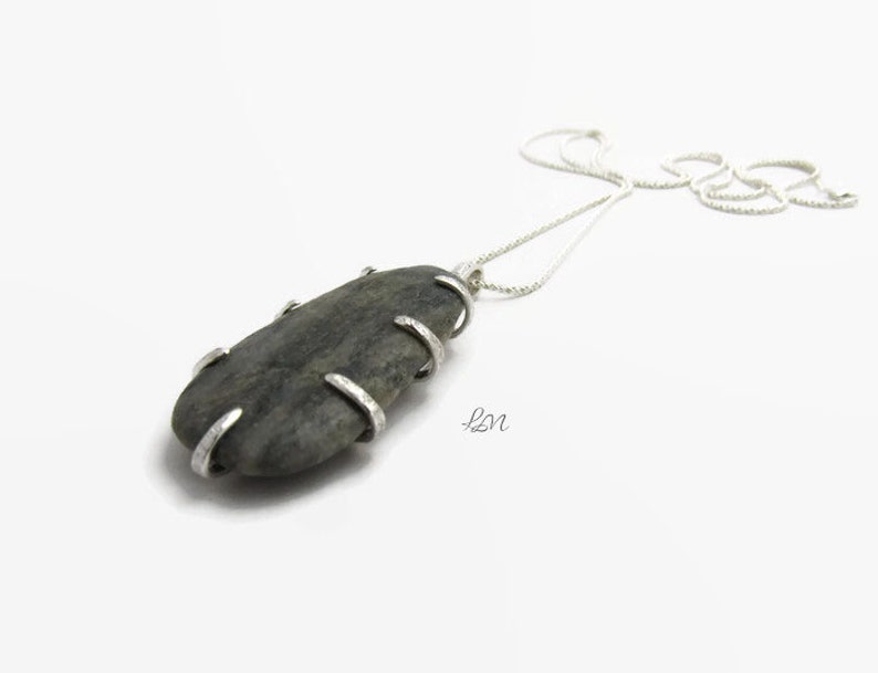 Tayrona Gray Rock Necklace, Beach Stone Pendant, Sterling Silver Pendant and Chain, Boho Necklace, Handmade Necklace, Contemporary Jewelry image 1