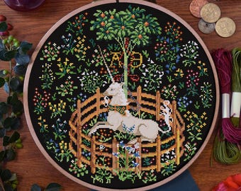 Unicorn in Captivity Cross Stitch Pattern PDF – Medieval Tapestry Embroidery