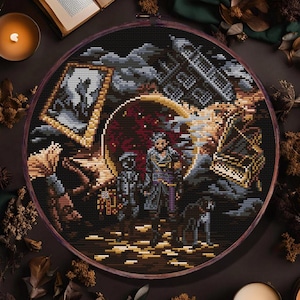 以下が含まれることがあります： 木製の刺繍枠に入った、人物や建物が登場するファンタジーシーンを描いた、詳細なクロスステッチパターン。「pdf PATTERN」と「heiorun CRAFTS」の文字が見えます。画像は、キャンドルと乾燥した葉で囲まれています。