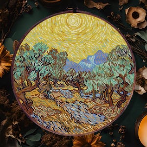 Patrón de punto de cruz "Olivos de Van Gogh" en PDF: bordado impresionista, bordado inspirado en el arte, descarga digital